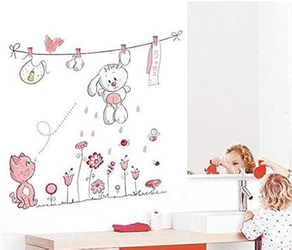 Pink Rabbit Animal Wall Stickers For Kids Rooms Children Baby Nursery Rooms Home Decor Living Room Vinyl Adhesive Wallpaper Bedroom Tile Decor