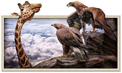 Eagles Stare at Giraffe Clouds Fake Window Frame Animals Wall Stickers Xh7239