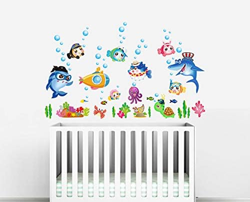 Sk7070 Sticker Ocean Wall Decal for Kids Toddler Baby Shark Turtle Fish bubbles