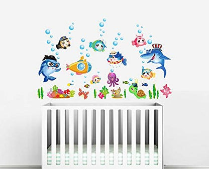 Sk7070 Sticker Ocean Wall Decal for Kids Toddler Baby Shark Turtle Fish bubbles