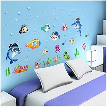 Sk7070 Sticker Ocean Wall Decal for Kids Toddler Baby Shark Turtle Fish bubbles