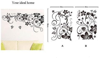 jm7107AB Removable Vinyl Diy Black Nursery Flowers Vine and Beautiful Butterfly Wall Corner Decals Wall Sticker