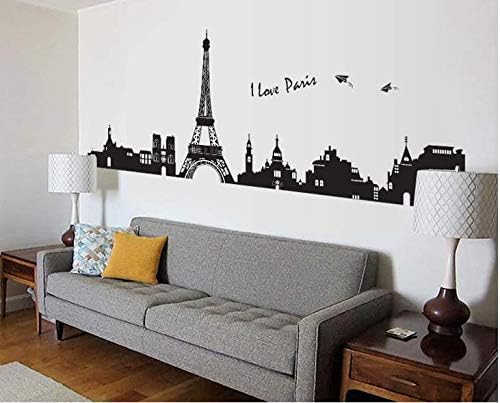 Wall Stickers City Skyline Paris Eiffel Tower Silhouette Black Color Border Design for Hall