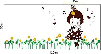 Shy Girl Birds Singing Music Notes Flowers Green Leaves Wall Decal PVC Home Sticker House Vinyl Paper Decoration WallPaper Living Room Bedroom Kitchen Art Picture DIY Murals