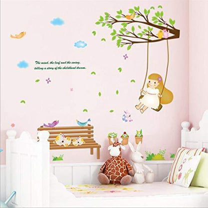 Cheap DIY Cartoon Swing girl Vinyl Removable Kid Room DIY Wall Stickers Decal environment Mural Decor AY7198