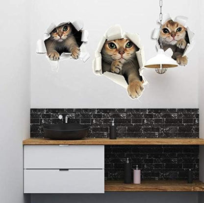 Sks6071 3PCS 3D Cats Wall Sticker Cartoon Animal Hole View Decals Removable DIY Decoration Pet Love for Baby Kids Nursery Room Kitchen Living Room Bedroom Bathroom