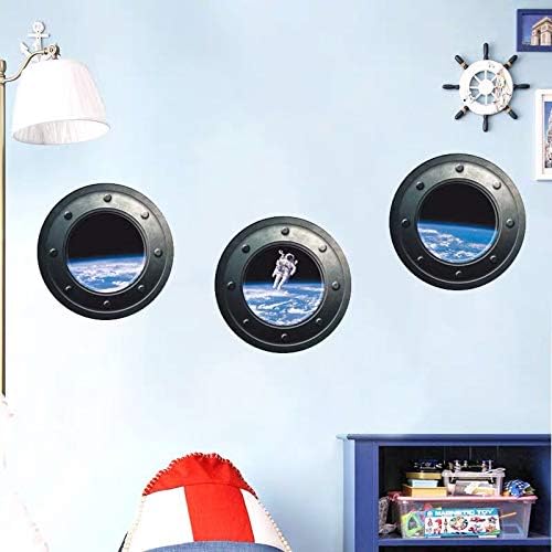 DNVEN 13 inches x 13 inches x 3pcs Set of 3 3D Astronaut Spaceman Galaxy Space Window View Faux Submarine Window Partial Frosted Frosting Murals Wall Decals Removable Wall Stickers for Bedrooms