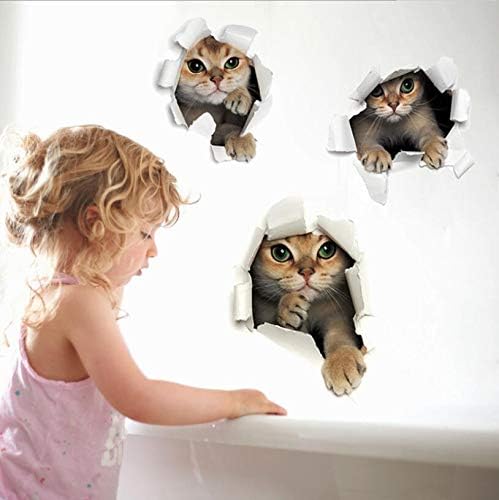 Sks6071 3PCS 3D Cats Wall Sticker Cartoon Animal Hole View Decals Removable DIY Decoration Pet Love for Baby Kids Nursery Room Kitchen Living Room Bedroom Bathroom