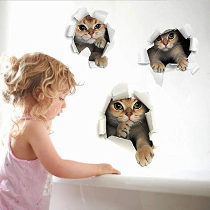 Sks6071 3PCS 3D Cats Wall Sticker Cartoon Animal Hole View Decals Removable DIY Decoration Pet Love for Baby Kids Nursery Room Kitchen Living Room Bedroom Bathroom