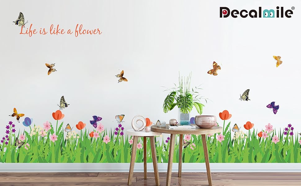 Green Grass Flowers Butterflies Wall Corner Decals Living Room Bedroom Baseboard Skirting Line Wall Stickers Art stiker dinding Wallsticker decalmile SK9057 Size: 30x 90cm