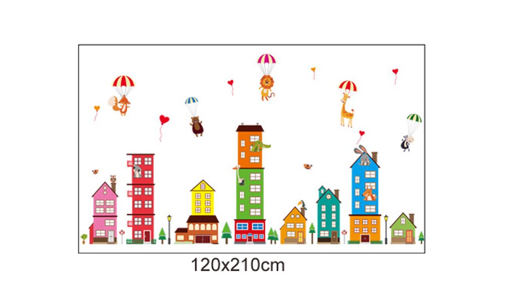 Wallpark Bunt Stadt Haus Gebäude Niedlich Bär Löwe Giraffe Affe Heißluft-Ballon Abnehmbare Wandsticker Wandtattoo, Kinder Kids Baby Hause Zimmer Kinderzimmer DIY Dekorativ Kunst Wandaufkleber