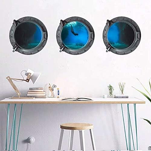 Dnven (13"w X 13"h X 3pcs) Set of 3 3D Porthole Undersea Underwater Diving Window View Faux Submarine Window Partial Frosted Frosting Murals Wall Decals Removable Wall Stickers for Bedrooms