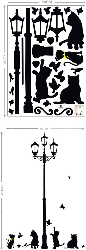 Wallpark Carino Gatto Giocando con Uccelli sotto Nero Strada Lampada Removibile Adesivi Murali Adesivi da Parete, Soggiorno Camera da Letto Casa DIY Arte Decorativo Adesivo Murale