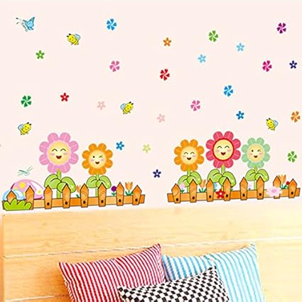 K2A Design Decorative Beautiful Multicolour Funny face Flowers Butterflies Flying Bees Wall Sticker for Home décor (PVC Vinyl Covering Area 116X54 cm)