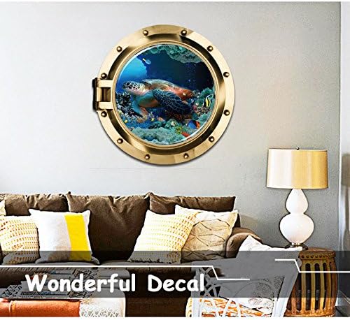 DNVEN 20 inches x 20 inches 3D Vivid Undersea Tropical Fishes Sea Turtles Window View Faux Submarine Window Partial Frosted Frosting Murals Wall Decals Removable Wall Stickers for Bedrooms Home Arts