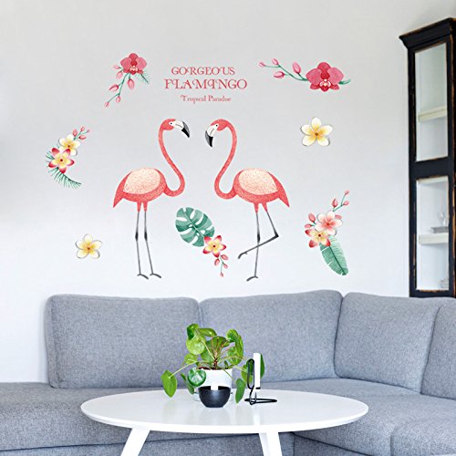 Funif Cute Flower and Flamingo Wall Stickers DIY Removable Animals Wall Decals Decorative Wall Mural Wallpaper for Bedroom Pink