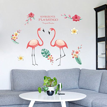 Funif Cute Flower and Flamingo Wall Stickers DIY Removable Animals Wall Decals Decorative Wall Mural Wallpaper for Bedroom Pink