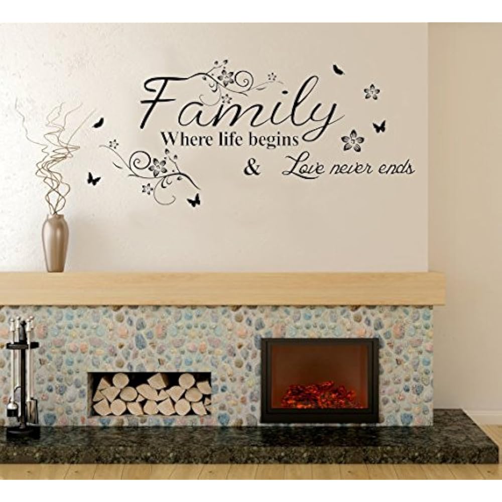 Family Where Life Begins Love Never Ends with Flowers and Butterfly Vinyl Removable Wall Quote Sticker Decal (Black)