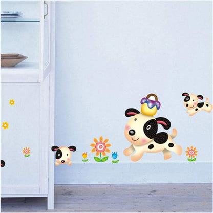 Happy Dogs and Flowers Leaves Wall Decal Home Sticker Ay7036