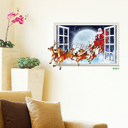 HOMFLON Xh7229 Christmas Sticker Cartoon Christmas Deer Santa 3D Wall Art Stickers Removable