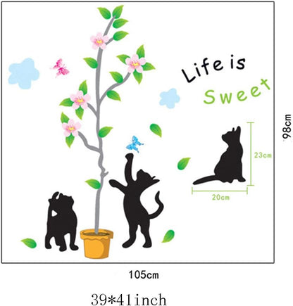 Lovely chats feuilles Papillons Arbre Fleurs Sticker mural Sticker Home Papier amovible Salon Salle à manger Chambre Cuisine Art Picture murals DIY Stick filles garçons enfants jeux chambre bébé Décoration