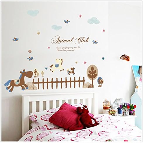 MJ8010 Animal Club Happy Animals Wooden Horse Playground Peel and Stick Removable Vinyl Wall Stickers