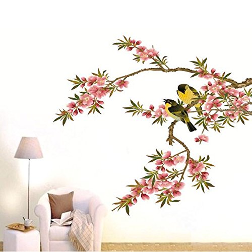 Soledi® DIY Wall Decal Peach Blossom Tree Branches Love Birds Removable Wall Mural Sticker Bedroom Living Room Home Art Wall Decor