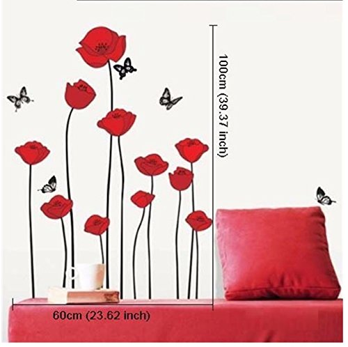 Tc976 Rote Mohnblumen-Blumen-Niederlassung Blumen Wandtattoo Aufkleber Abziehbilder Wohnkultur Stilvolle moderne Blumen Living Schlafzimmer Dekoration Küche