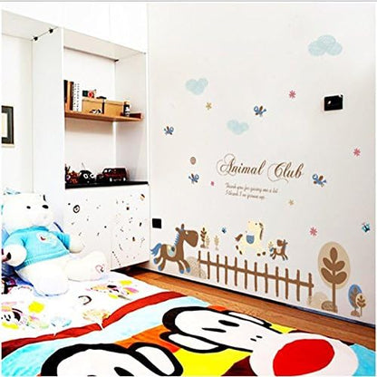 MJ8010 Animal Club Happy Animals Wooden Horse Playground Peel and Stick Removable Vinyl Wall Stickers