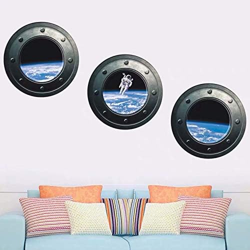 DNVEN 13 inches x 13 inches x 3pcs Set of 3 3D Astronaut Spaceman Galaxy Space Window View Faux Submarine Window Partial Frosted Frosting Murals Wall Decals Removable Wall Stickers for Bedrooms