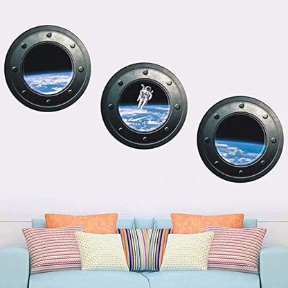 DNVEN 13 inches x 13 inches x 3pcs Set of 3 3D Astronaut Spaceman Galaxy Space Window View Faux Submarine Window Partial Frosted Frosting Murals Wall Decals Removable Wall Stickers for Bedrooms