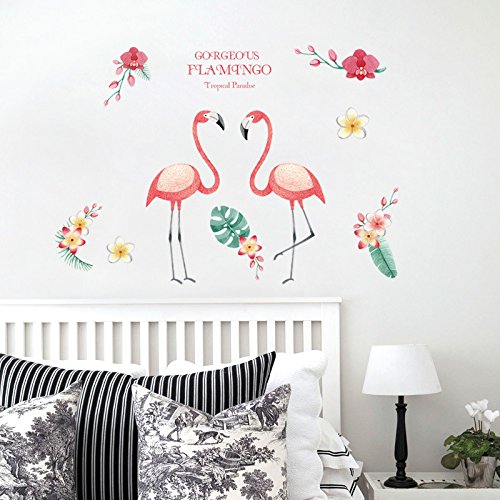 Funif Cute Flower and Flamingo Wall Stickers DIY Removable Animals Wall Decals Decorative Wall Mural Wallpaper for Bedroom Pink