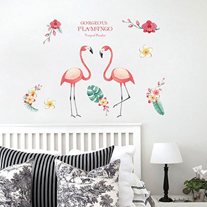 Funif Cute Flower and Flamingo Wall Stickers DIY Removable Animals Wall Decals Decorative Wall Mural Wallpaper for Bedroom Pink