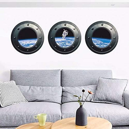 DNVEN 13 inches x 13 inches x 3pcs Set of 3 3D Astronaut Spaceman Galaxy Space Window View Faux Submarine Window Partial Frosted Frosting Murals Wall Decals Removable Wall Stickers for Bedrooms