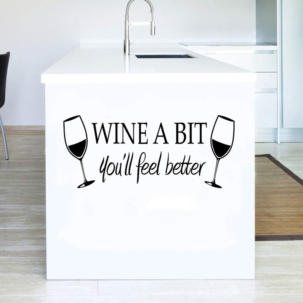 Wine a Bit You'll Feel Better Quote Letter Wall Sticker Vinyl Wall Decals Home Arts Removable Kitchen Dining Room Wall Decal Vinyl Home Décor （Black...