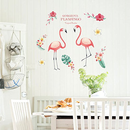 Funif Cute Flower and Flamingo Wall Stickers DIY Removable Animals Wall Decals Decorative Wall Mural Wallpaper for Bedroom Pink