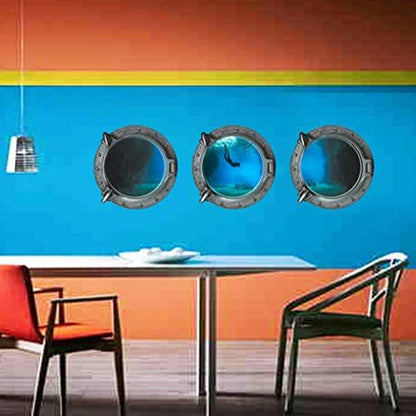 Dnven (13"w X 13"h X 3pcs) Set of 3 3D Porthole Undersea Underwater Diving Window View Faux Submarine Window Partial Frosted Frosting Murals Wall Decals Removable Wall Stickers for Bedrooms