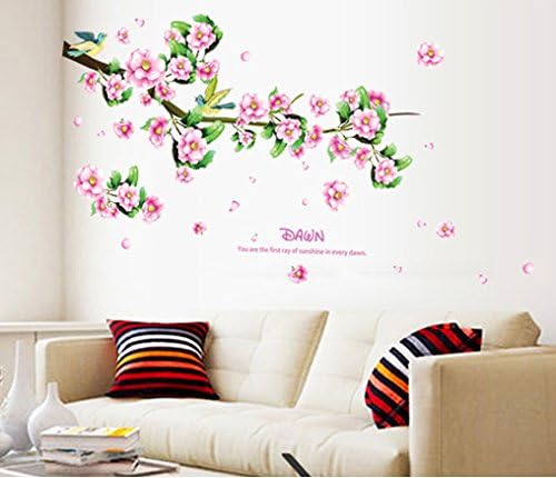 Wall Decal Pink Flowers Green Leaves Lovely Birds Home Sticker Ay7206