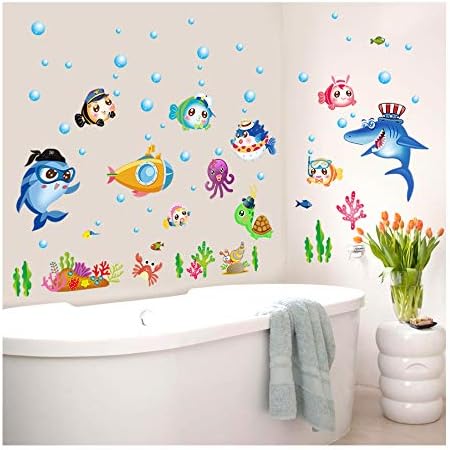 Sk7070 Sticker Ocean Wall Decal for Kids Toddler Baby Shark Turtle Fish bubbles