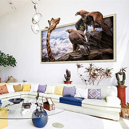 Eagles Stare at Giraffe Clouds Fake Window Frame Animals Wall Stickers Xh7239