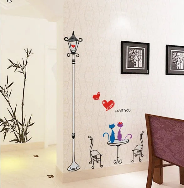 Romantic Cats Lovers In the Street Lamp DIY Removable Wall Stickers