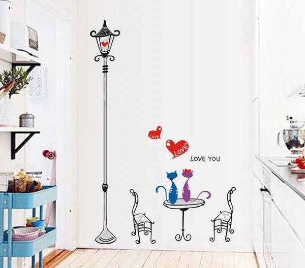 Romantic Cats Lovers In the Street Lamp DIY Removable Wall Stickers