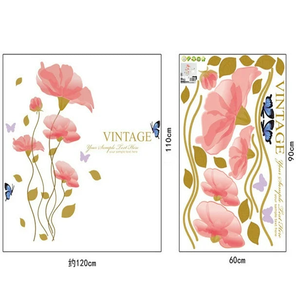 3D Romantic Warm Pink Enchanting Flower Wall Stickers Wall Decal PVC Transparent Film for Living Room Children's Room TV Sofa Background Wall Art Decors