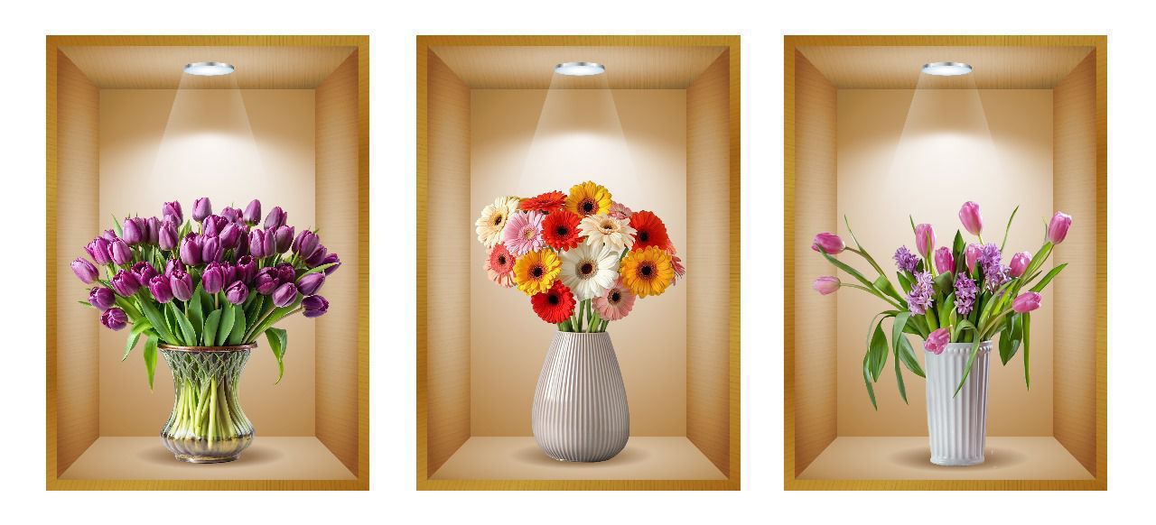 Pack of 3 Removable Self-Adhesive Wall Stickers - Home Decor Decals with Plants, Flowers - Western Wall Art for Living Room and More (Size: 30cm x 42.5cm)