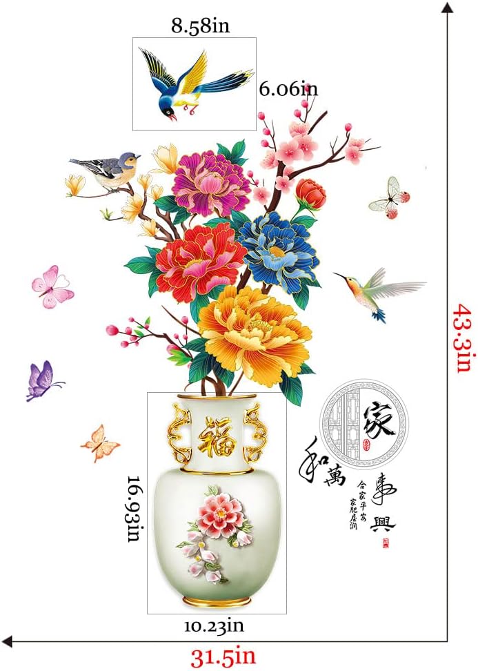 Dechom Peony Flower Pot Vase Wall Sticker Home Wall Art Hallway Corridor Background Aesthetic Decoration Wall Mural Vinyl Decals
