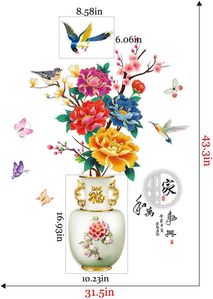 Dechom Peony Flower Pot Vase Wall Sticker Home Wall Art Hallway Corridor Background Aesthetic Decoration Wall Mural Vinyl Decals