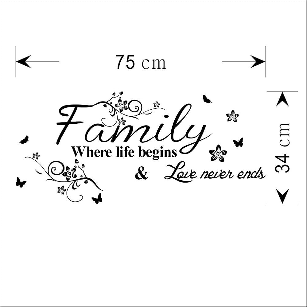 Family Where Life Begins Love Never Ends with Flowers and Butterfly Vinyl Removable Wall Quote Sticker Decal (Black)