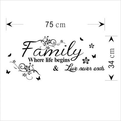Family Where Life Begins Love Never Ends with Flowers and Butterfly Vinyl Removable Wall Quote Sticker Decal (Black)