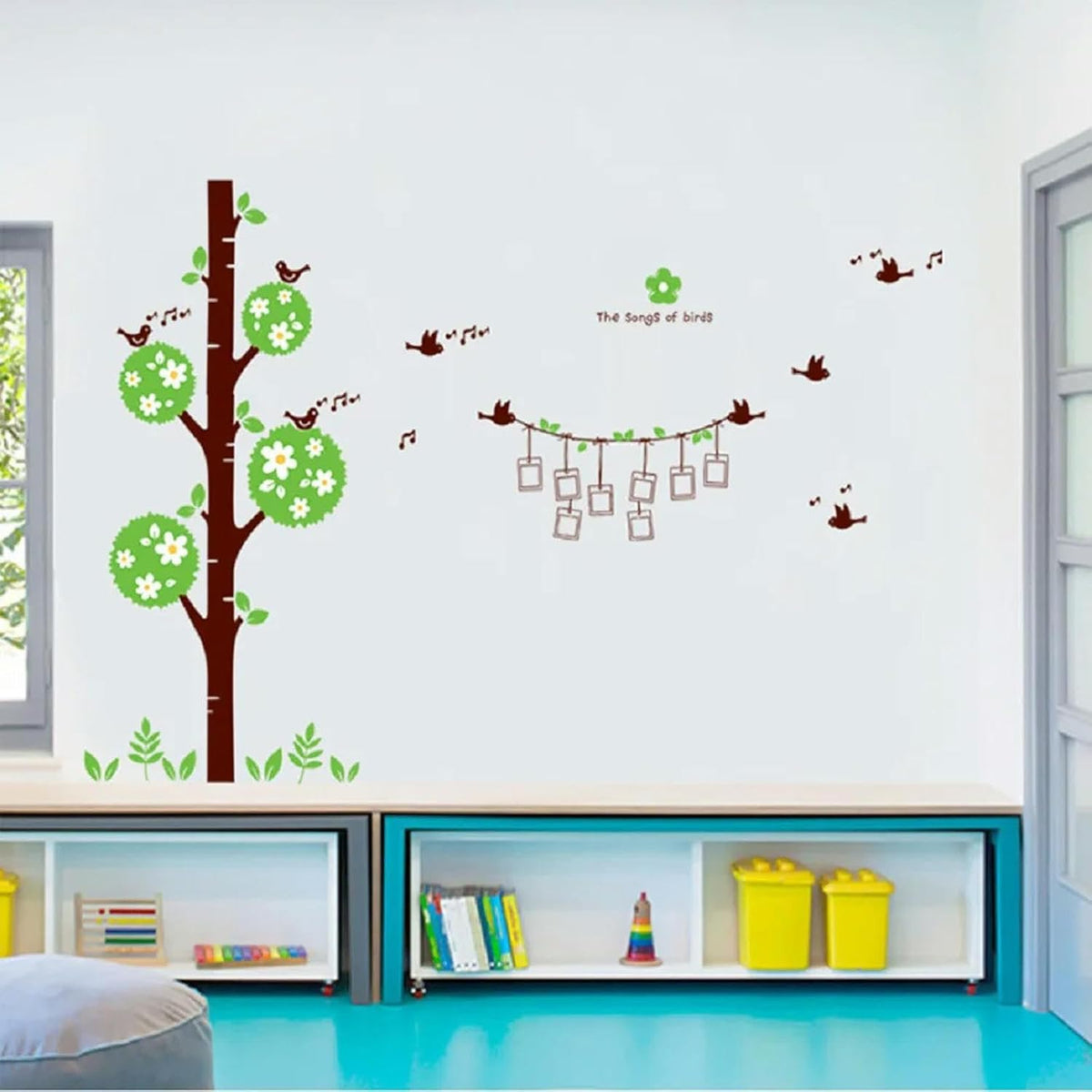 Sweet Memory Character Tree and Green Leafs of Nine Picture Frame and Two Birds for Home Wall