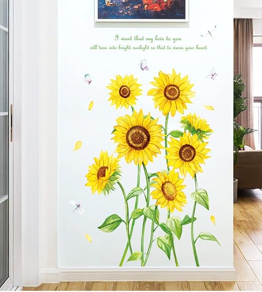 Sunflower Wall Stickers Butterfly Decals Removable Yellow Flower Butterflies Wallpaper Decor DIY Art Mural for Kids Room Bedroom Nursery Home Decoration
